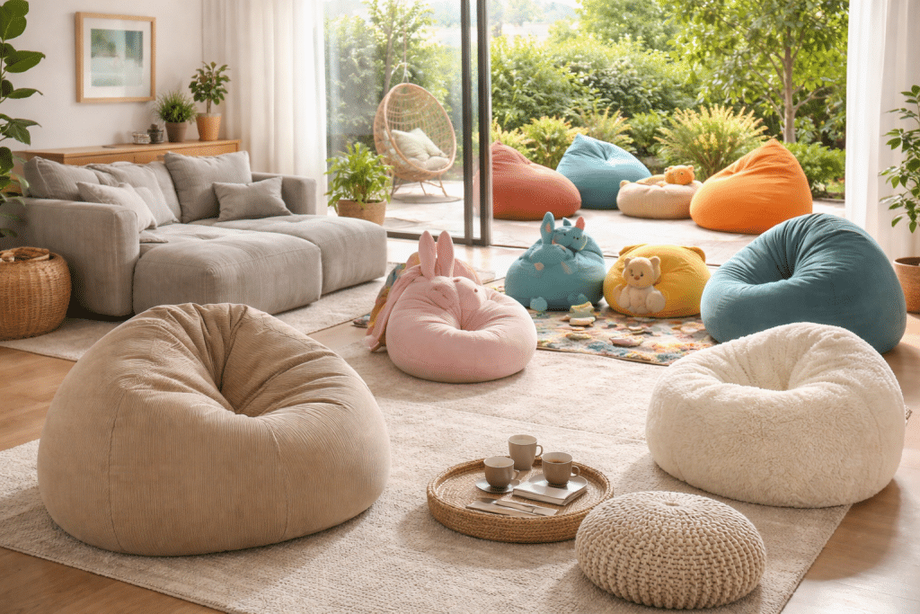 פופים מעוצבים בסלון ובמרפסת – פוף אגס, פופים לילדים ופוף ישיבה בגדלים שונים