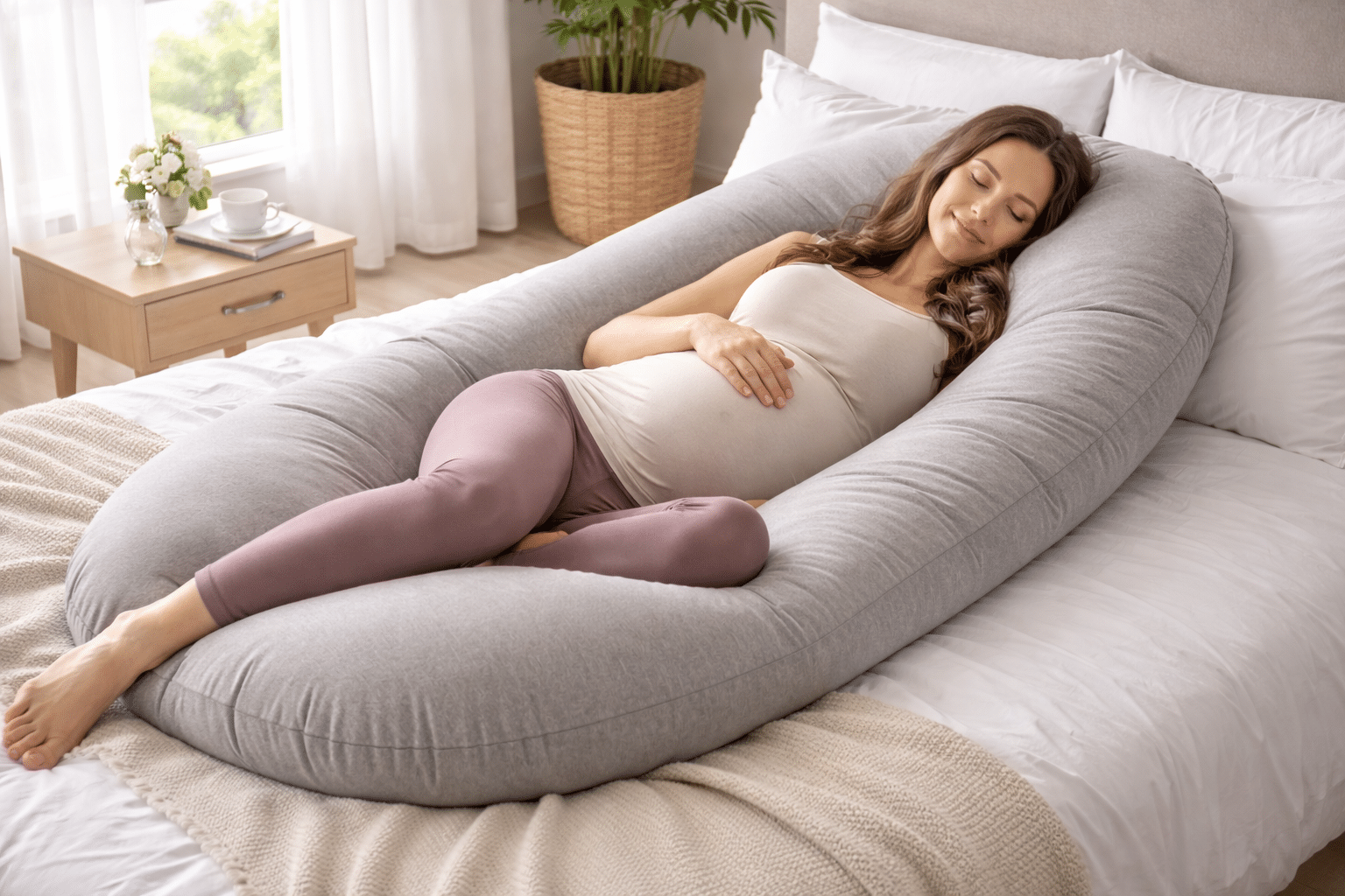 אישה בהריון נשענת בנוחות על כרית הריון בצורת U במיטה בחדר שינה מואר - קלגו